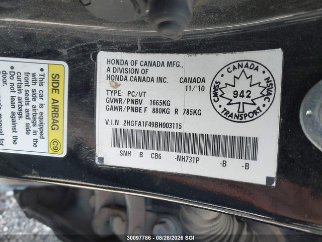 2011 Honda Civic Dx-g მანქანა იყიდება აუქციონზე, vin: 2HGFA1F49BH003115, აუქციონის ნომერი: 30097786