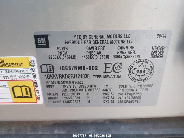 1GKKVRKD5FJ121838 GMC Acadia Slt-1
