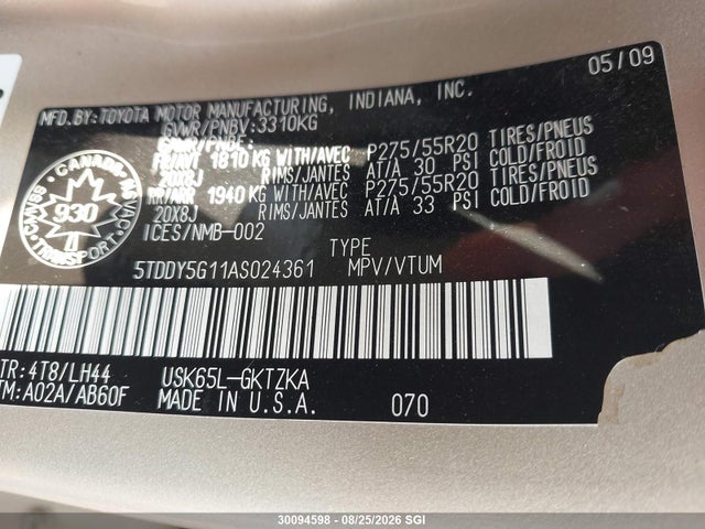 30094598 :رقم المزاد ، 5TDDY5G11AS024361 vin ، 2010 Toyota Sequoia Platinum مزاد بيع