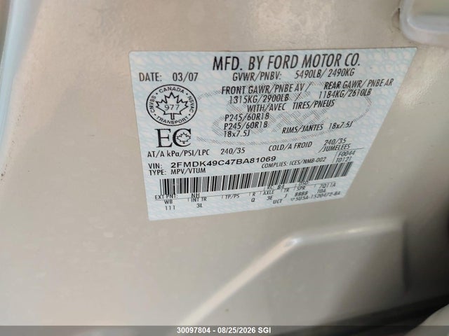 2007 Ford Edge Sel Plus მანქანა იყიდება აუქციონზე, vin: 2FMDK49C47BA81069, აუქციონის ნომერი: 30097804