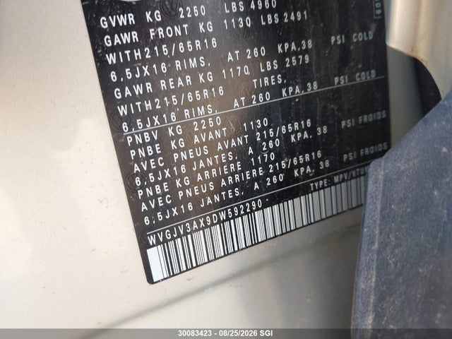 Aukcja sprzedaży 2013 Volkswagen Tiguan S/se/sel, vin: WVGJV3AX9DW592290, numer aukcji: 30083423