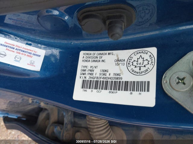 30095516 :رقم المزاد ، 2HGFB2F4XDH039899 vin ، 2013 Honda Civic Lx مزاد بيع
