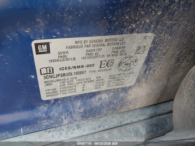 Aukcja sprzedaży 2013 Chevrolet Trax 1lt, vin: 3GNCJPSB0DL185667, numer aukcji: 30097710