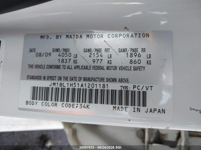 30097835 :رقم المزاد ، JM1BL1H51A1201181 vin ، 2010 Mazda 3 S مزاد بيع