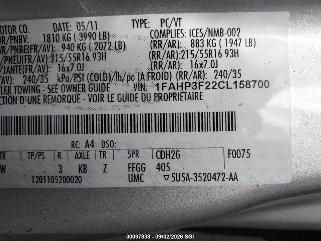 Продажа на аукционе авто 2012 Ford Focus Se, vin: 1FAHP3F22CL158700, номер лота: 30097838