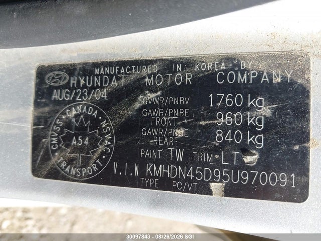 2005 Hyundai Elantra Gls/gt მანქანა იყიდება აუქციონზე, vin: KMHDN45D95U970091, აუქციონის ნომერი: 30097843