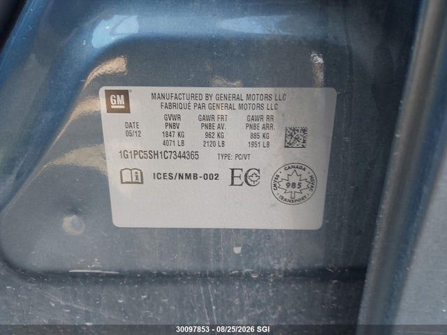 30097853 :رقم المزاد ، 1G1PC5SH1C7344365 vin ، 2012 Chevrolet Cruze Ls مزاد بيع