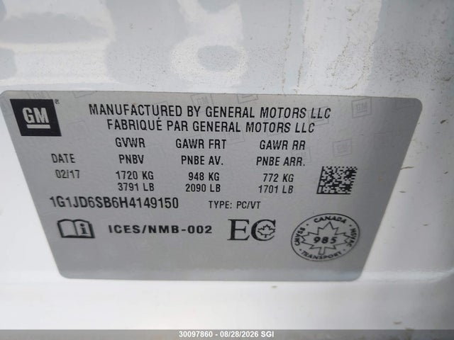 Chevrolet SONIC LT 2017 1G1JD6SB6H4149150 Image 9
