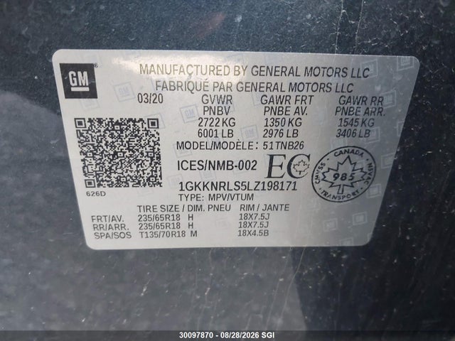 30097870 :رقم المزاد ، 1GKKNRLS5LZ198171 vin ، 2020 Gmc Acadia Sle مزاد بيع