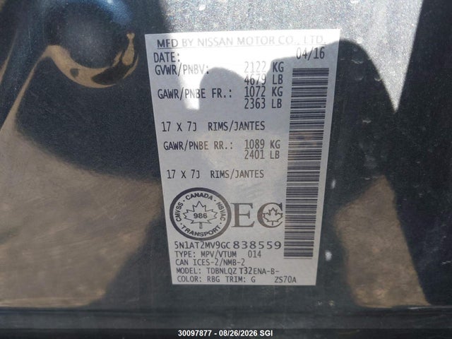 5N1AT2MV9GC838559 Nissan Rogue S/sl/sv