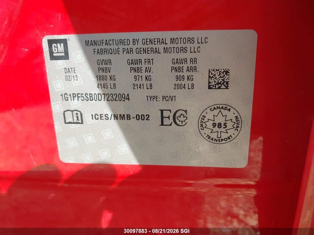 2013 Chevrolet Cruze Lt მანქანა იყიდება აუქციონზე, vin: 1G1PF5SB0D7232094, აუქციონის ნომერი: 30097883