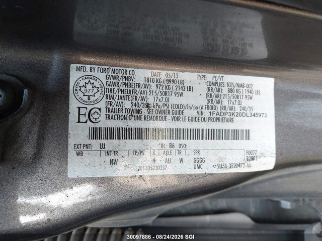 2013 Ford Focus Se მანქანა იყიდება აუქციონზე, vin: 1FADP3K20DL345973, აუქციონის ნომერი: 30097886