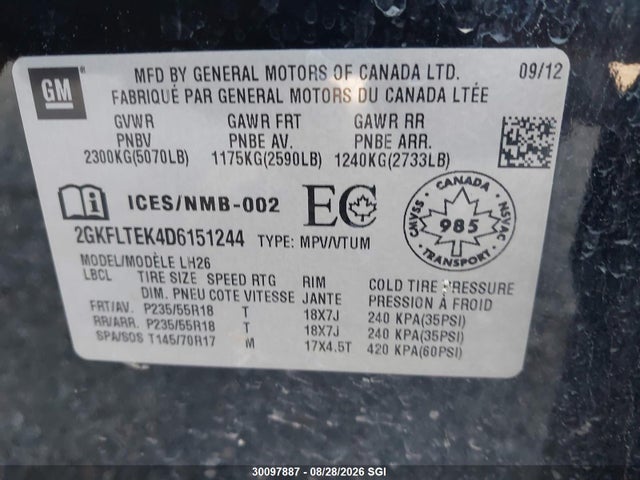 30097887 :رقم المزاد ، 2GKFLTEK4D6151244 vin ، 2013 Gmc Terrain Sle مزاد بيع