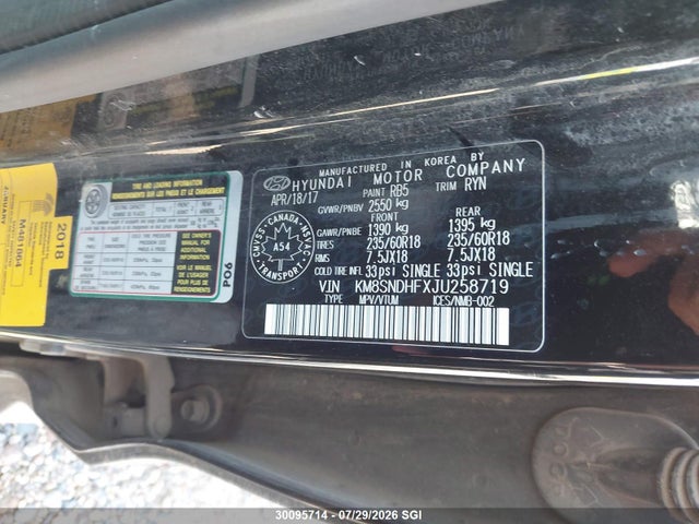 30095714 :رقم المزاد ، KM8SNDHFXJU258719 vin ، 2018 Hyundai Santa Fe Se/limited مزاد بيع
