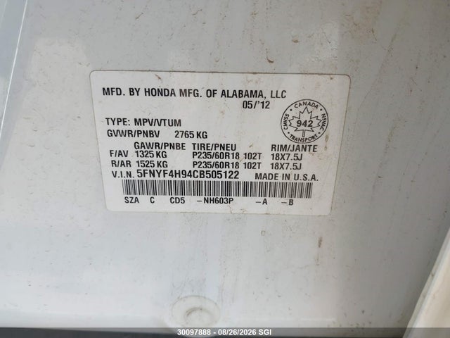 Продаж на аукціоні авто 2012 Honda Pilot Touring, vin: 5FNYF4H94CB505122, номер лоту: 30097888
