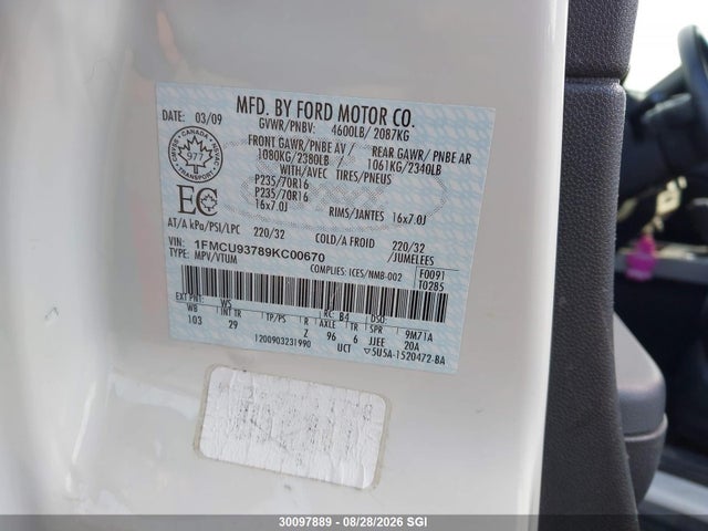 Продаж на аукціоні авто 2009 Ford Escape Xlt, vin: 1FMCU93789KC00670, номер лоту: 30097889