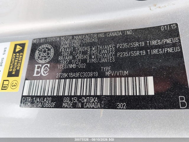 30075528 :رقم المزاد ، 2T2BK1BA9FC303819 vin ، 2015 Lexus Rx 350/base/f Sport مزاد بيع