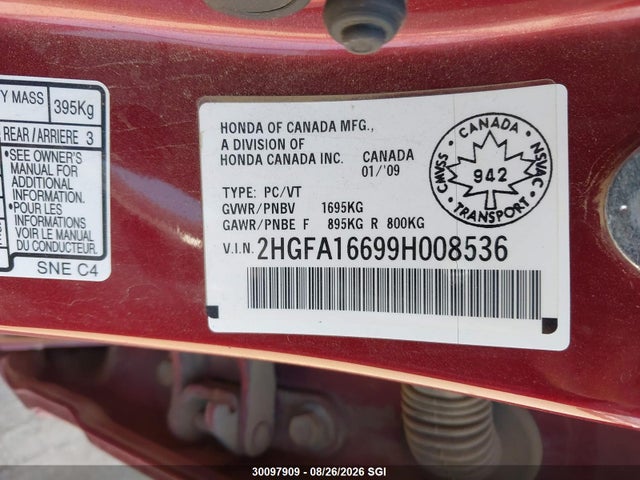 Продаж на аукціоні авто 2009 Honda Civic Lx-s, vin: 2HGFA16699H008536, номер лоту: 30097909