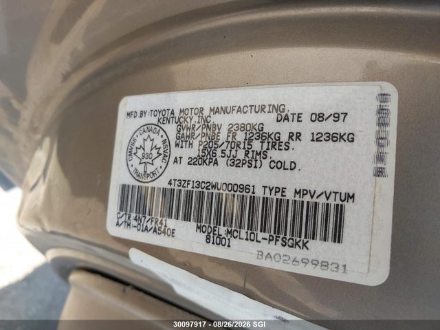 1998 Toyota Sienna Le/xle მანქანა იყიდება აუქციონზე, vin: 4T3ZF13C2WU000961, აუქციონის ნომერი: 30097917