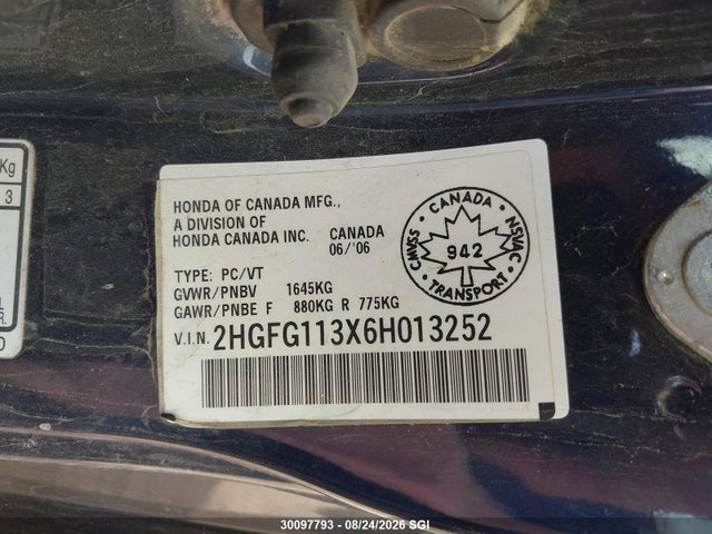 2006 Honda Civic Dx Vp მანქანა იყიდება აუქციონზე, vin: 2HGFG113X6H013252, აუქციონის ნომერი: 30097793