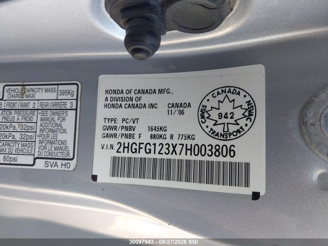 Продаж на аукціоні авто 2007 Honda Civic Cpe, vin: 2HGFG123X7H003806, номер лоту: 30097943