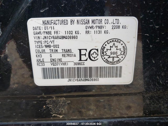30094837 :رقم المزاد ، JN1CV6AR4BM406960 vin ، 2011 Infiniti G37 مزاد بيع