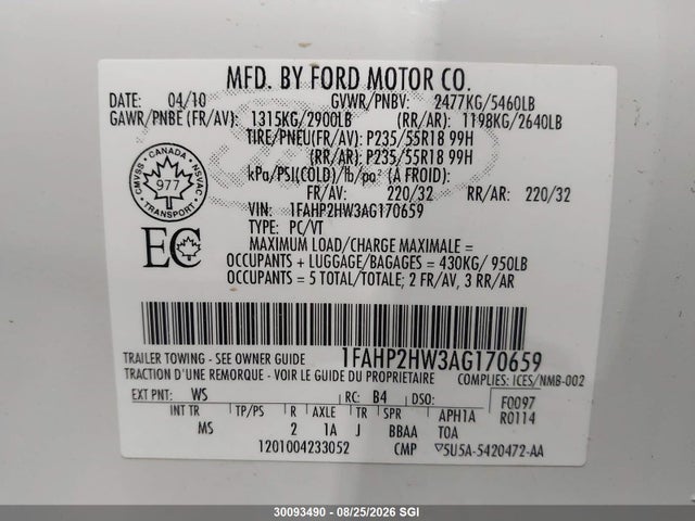2010 Ford Taurus Sel მანქანა იყიდება აუქციონზე, vin: 1FAHP2HW3AG170659, აუქციონის ნომერი: 30093490