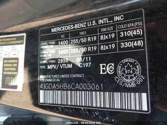 2012 Mercedes-benz Ml 350 4matic მანქანა იყიდება აუქციონზე, vin: 4JGDA5HB6CA003061, აუქციონის ნომერი: 30093344