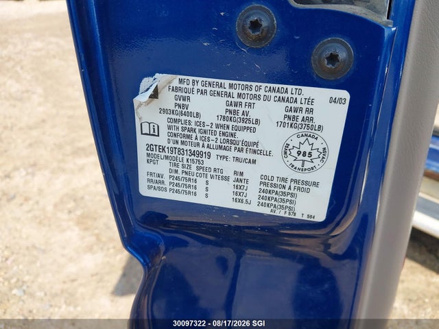 Aukcja sprzedaży 2003 Gmc New Sierra K1500, vin: 2GTEK19T831349919, numer aukcji: 30097322