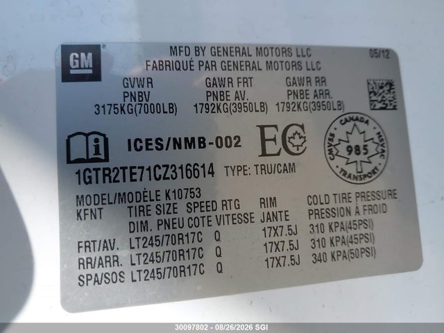Продаж на аукціоні авто 2012 Gmc Sierra K1500, vin: 1GTR2TE71CZ316614, номер лоту: 30097802