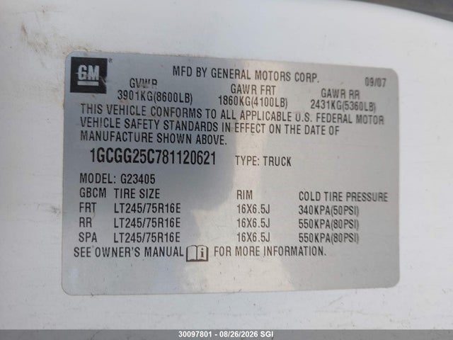 2008 Chevrolet Express Work Van მანქანა იყიდება აუქციონზე, vin: 1GCGG25C781120621, აუქციონის ნომერი: 30097801