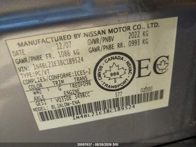 30097637 :رقم المزاد ، 1N4BL21E38C189524 vin ، 2008 Nissan Altima 3.5se/3.5sl مزاد بيع