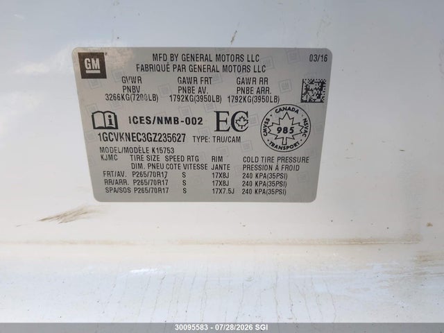 Продаж на аукціоні авто 2016 Chevrolet Silverado K1500/k1500 Ls, vin: 1GCVKNEC3GZ235627, номер лоту: 30095583