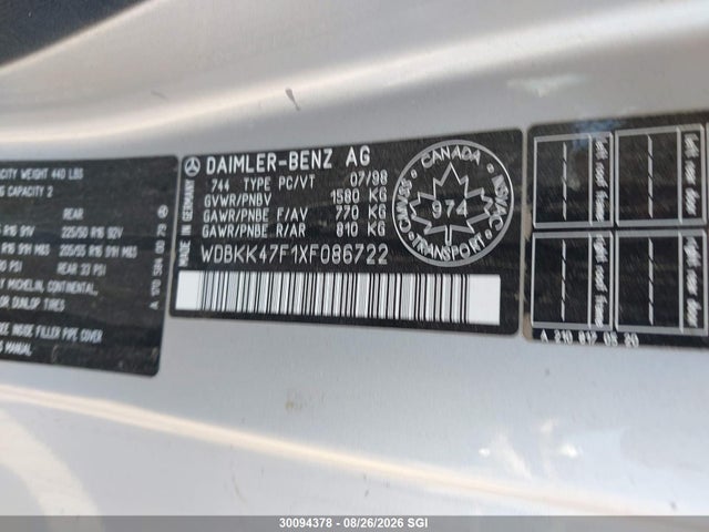 30094378 :رقم المزاد ، WDBKK47F1XF086722 vin ، 1999 Mercedes-benz Slk 230 Kompressor مزاد بيع