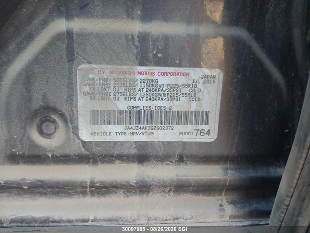 Продаж на аукціоні авто 2016 Mitsubishi Outlander Gt, vin: JA4JZ4AX3GZ602372, номер лоту: 30097985
