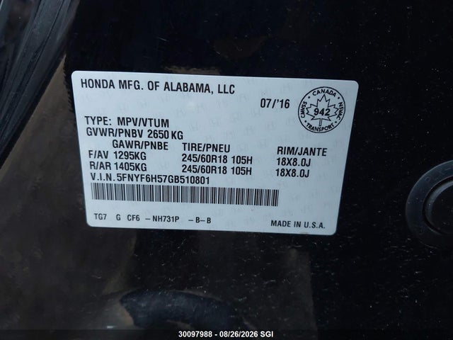 2016 Honda Pilot Exl მანქანა იყიდება აუქციონზე, vin: 5FNYF6H57GB510801, აუქციონის ნომერი: 30097988