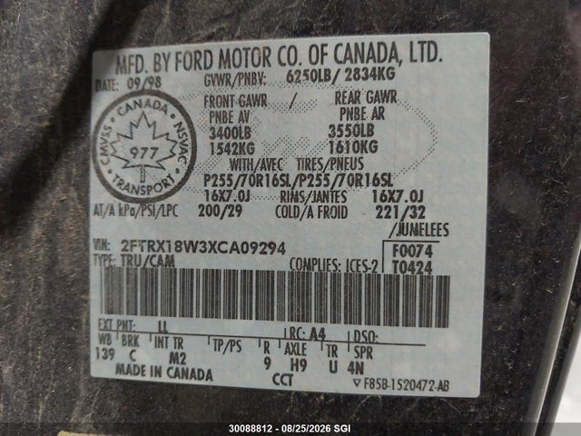 1999 Ford F150 მანქანა იყიდება აუქციონზე, vin: 2FTRX18W3XCA09294, აუქციონის ნომერი: 30088812