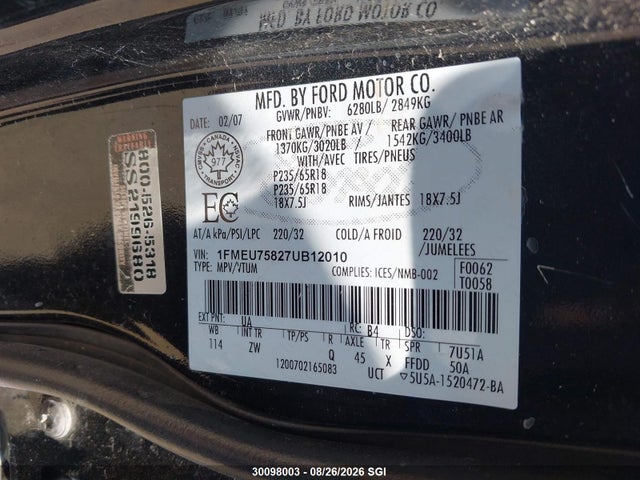 Продажа на аукционе авто 2007 Ford Explorer Limited, vin: 1FMEU75827UB12010, номер лота: 30098003
