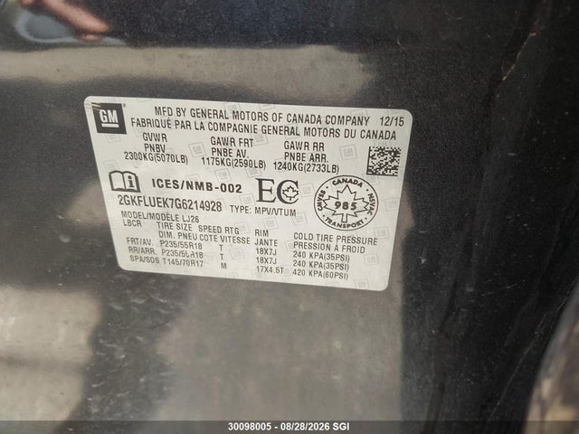 Продажа на аукционе авто 2016 Gmc Terrain Slt, vin: 2GKFLUEK7G6214928, номер лота: 30098005