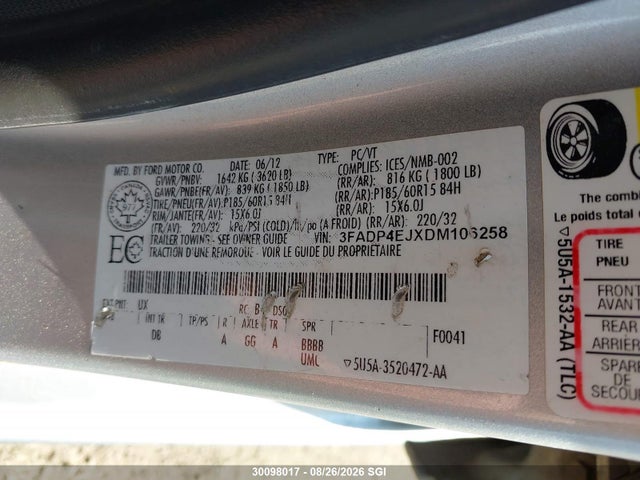 Продажа на аукционе авто 2013 Ford Fiesta Se, vin: 3FADP4EJXDM106258, номер лота: 30098017