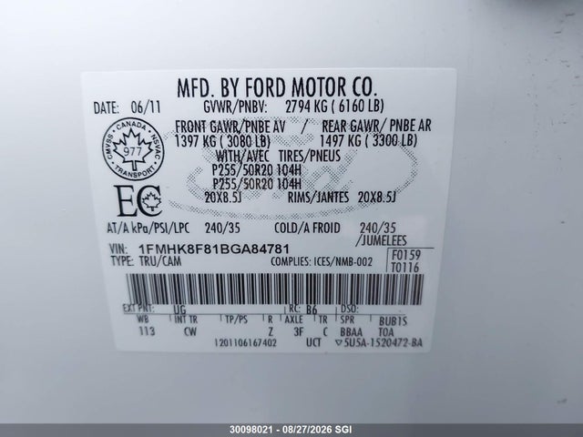 Продаж на аукціоні авто 2011 Ford Explorer Limited, vin: 1FMHK8F81BGA84781, номер лоту: 30098021