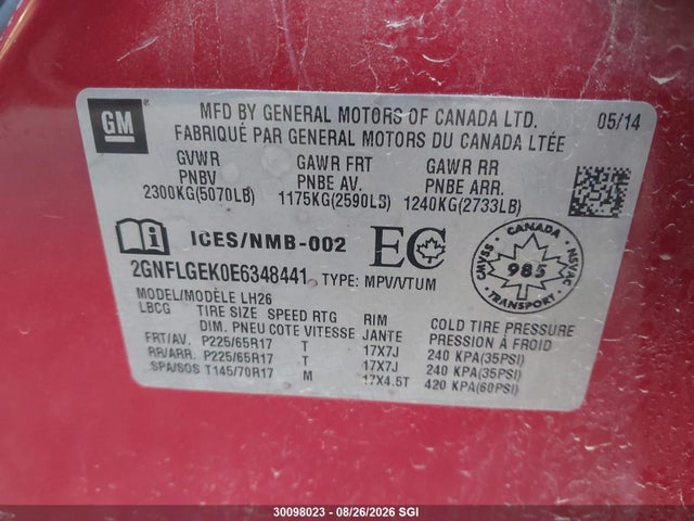 Chevrolet EQUINOX LT 2014 2GNFLGEK0E6348441 Image 9