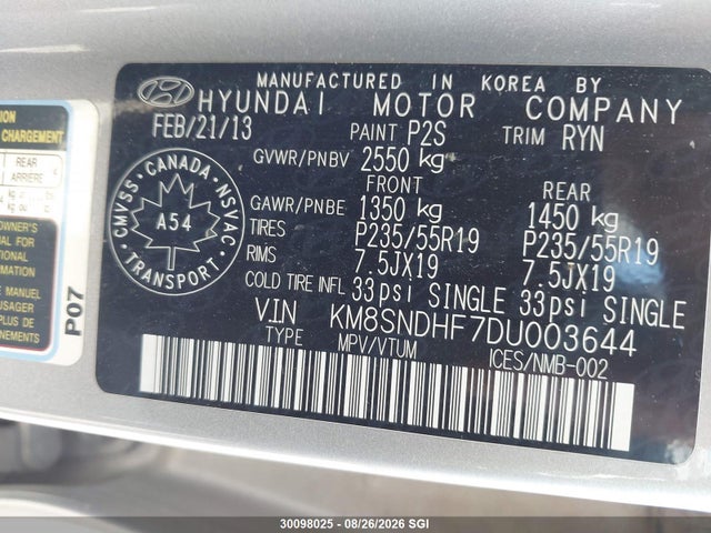 30098025 :رقم المزاد ، KM8SNDHF7DU003644 vin ، 2013 Hyundai Santa Fe Gls مزاد بيع