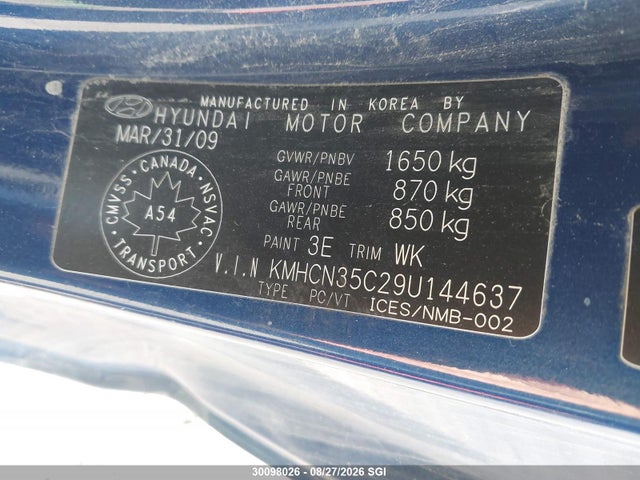2009 Hyundai Accent Se მანქანა იყიდება აუქციონზე, vin: KMHCN35C29U144637, აუქციონის ნომერი: 30098026