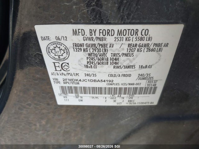 Продаж на аукціоні авто 2013 Ford Edge Sel, vin: 2FMDK4JC1DBA54192, номер лоту: 30098027