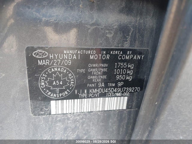 Aukcja sprzedaży 2009 Hyundai Elantra Gls/se, vin: KMHDU45D49U739270, numer aukcji: 30098029