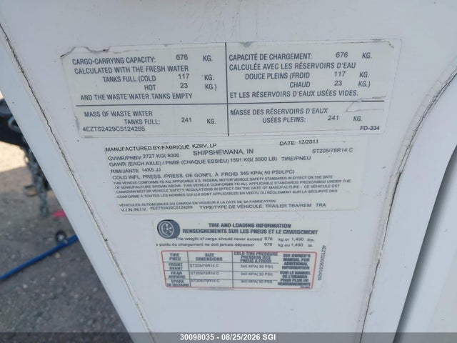 Продажа на аукционе авто 2012 Kz Inc. Sportsmen, vin: 4EZTS2429C5124255, номер лота: 30098035