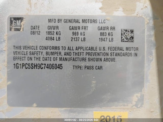30095182 :رقم المزاد ، 1G1PC5SH9C7406045 vin ، 2012 Chevrolet Cruze Ls مزاد بيع
