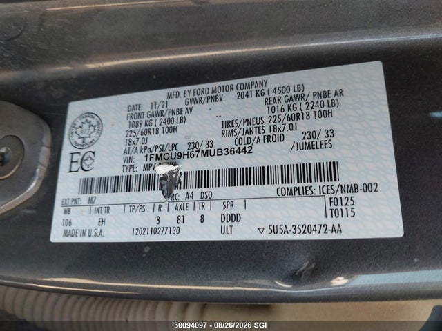 1FMCU9H67MUB36442 Ford ESCAPE SEL