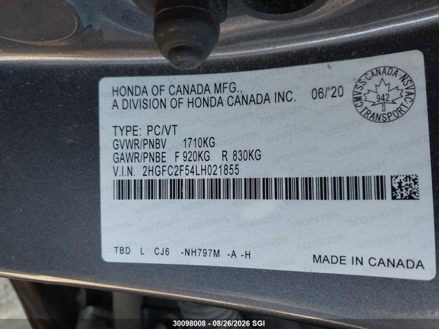 Honda Civic Lx 2020 2HGFC2F54LH021855 Image 9